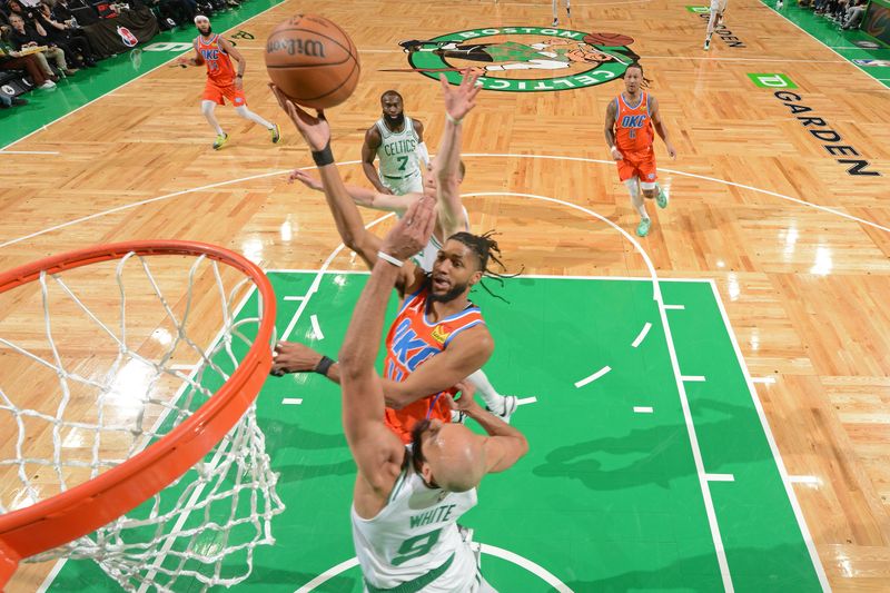 BOSTON, MA - APRIL 3: Isaiah Joe #11 of the Oklahoma City Thunder drives to the basket during the game against the Boston Celtics on April 3, 2024 at the TD Garden in Boston, Massachusetts. NOTE TO USER: User expressly acknowledges and agrees that, by downloading and or using this photograph, User is consenting to the terms and conditions of the Getty Images License Agreement. Mandatory Copyright Notice: Copyright 2024 NBAE  (Photo by Brian Babineau/NBAE via Getty Images)