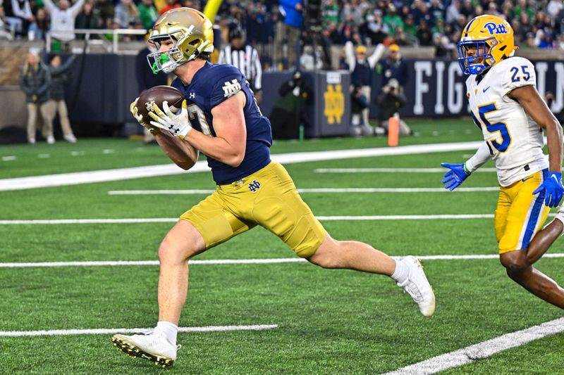 Oct 28, 2023; South Bend, Indiana, USA; Notre Dame Fighting Irish tight end Cooper Flanagan (87) catches a pass for a touchdown against Pittsburgh Panthers safety Stephon Hall (25) in the fourth quarter at Notre Dame Stadium. Mandatory Credit: Matt Cashore-USA TODAY Sports