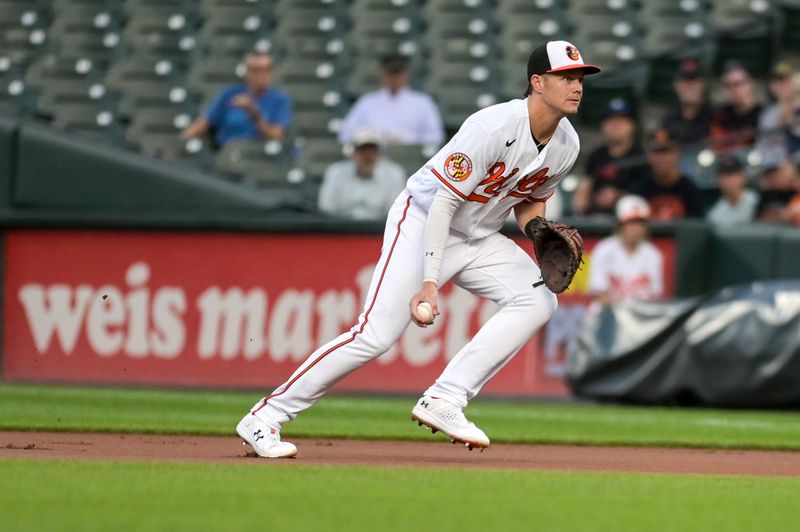 Sep 13, 2023; Baltimore, Maryland, USA;  Baltimore Orioles first baseman Ryan Mountcastle (6) fields a first inning ground ball against the St. Louis Cardinals at Oriole Park at Camden Yards. Mandatory Credit: Tommy Gilligan-USA TODAY Sports