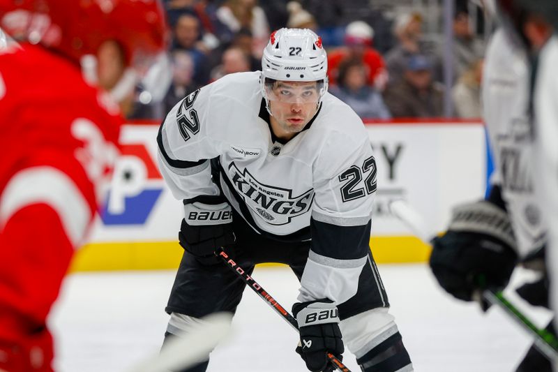 Jan 27, 2026; Detroit, Michigan, USA; Los Angeles Kings left wing Kevin Fiala (22) looks on during a face off in the first period against the Detroit Red Wings at Little Caesars Arena. Mandatory Credit: Brian Bradshaw Sevald-Imagn Images