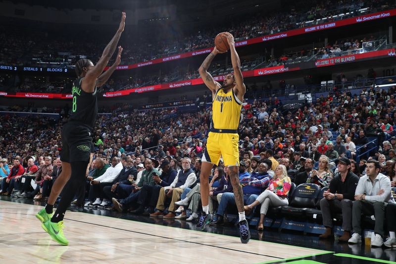 NEW ORLEANS, LA - MARCH 1:  Obi Toppin #1 of the Indiana Pacers shoots a three point basket during the game against the New Orleans Pelicans on March 1, 2024 at the Smoothie King Center in New Orleans, Louisiana. NOTE TO USER: User expressly acknowledges and agrees that, by downloading and or using this Photograph, user is consenting to the terms and conditions of the Getty Images License Agreement. Mandatory Copyright Notice: Copyright 2024 NBAE (Photo by Layne Murdoch Jr./NBAE via Getty Images)