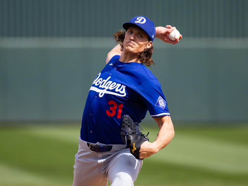 Feb 24, 2024; Tempe, Arizona, USA; Los Angeles Dodgers pitcher Tyler Glasnow against the Los Angeles Angels during a spring training game at Tempe Diablo Stadium. Mandatory Credit: Mark J. Rebilas-USA TODAY Sports