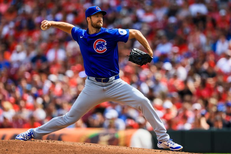 May 24, 2025; Cincinnati, Ohio, USA; Chicago Cubs starting pitcher Colin Rea (53) pitches against the Cincinnati Reds in the first inning at Great American Ball Park. Mandatory Credit: Katie Stratman-Imagn Images