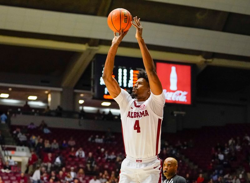 Dec 20, 2022; Tuscaloosa, Alabama, USA; Alabama Crimson Tide forward Noah Gurley (4) shoots against Jackson State Tigers during the first half at Coleman Coliseum. Mandatory Credit: Marvin Gentry-USA TODAY Sports