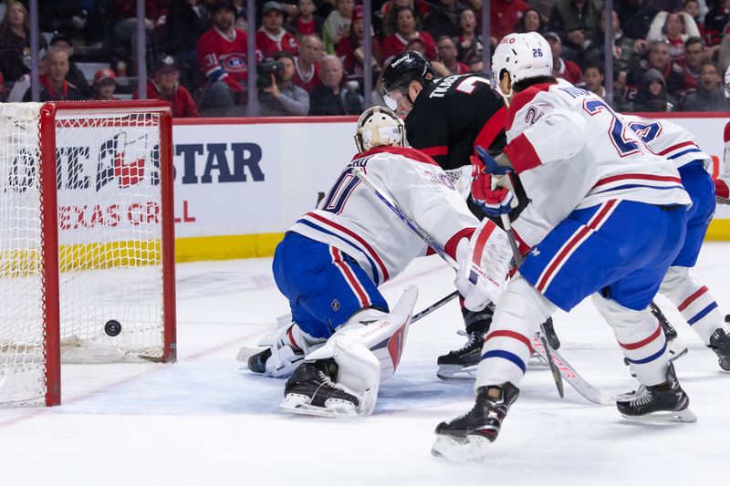 Apr 13, 2024; Ottawa, Ontario, CAN; Ottawa Senators left wing Brady Tkachuk (7) scores against Montreal Canadiens goalie Cayden Primeau (30) in the first period at the Canadian Tire Centre. Mandatory Credit: Marc DesRosiers-USA TODAY Sports