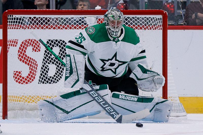 Oct 5, 2022; Denver, Colorado, USA; Dallas Stars goaltender Anton Khudobin (35) in the third period against the Colorado Avalanche at Ball Arena. Mandatory Credit: Isaiah J. Downing-USA TODAY Sports