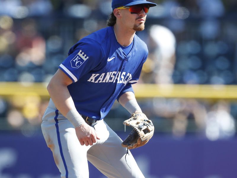 Sep 14, 2024; Pittsburgh, Pennsylvania, USA;  Kansas City Royals shortstop Bobby Witt Jr. (7) in the field against the Pittsburgh Pirates during the eighth inning at PNC Park. Mandatory Credit: Charles LeClaire-Imagn Images
