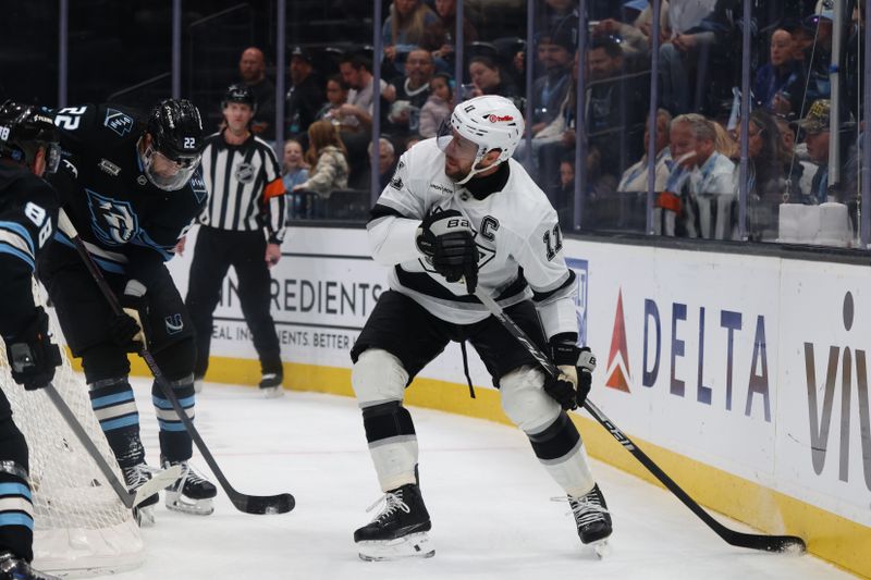 Mar 22, 2026; Salt Lake City, Utah, USA; Los Angeles Kings center Anze Kopitar (11) looks for a play against the Utah Mammoth during the second period at Delta Center. Mandatory Credit: Rob Gray-Imagn Images