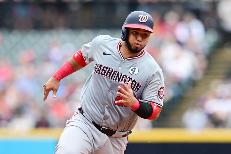 Jun 2, 2024; Cleveland, Ohio, USA; Washington Nationals catcher Keibert Ruiz (20) advances to third on a hit by Washington Nationals right fielder Eddie Rosario (not pictured) during the second inning against the Cleveland Guardians at Progressive Field. Mandatory Credit: Ken Blaze-USA TODAY Sports