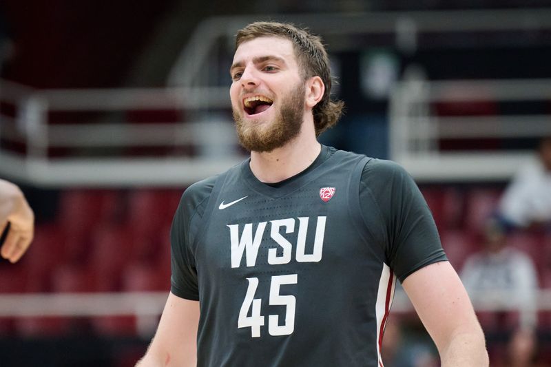 Jan 18, 2024; Stanford, California, USA; Washington State Cougars forward Oscar Cluff (45) reacts against the Stanford Cardinal during the second half at Maples Pavilion. Mandatory Credit: Robert Edwards-USA TODAY Sports