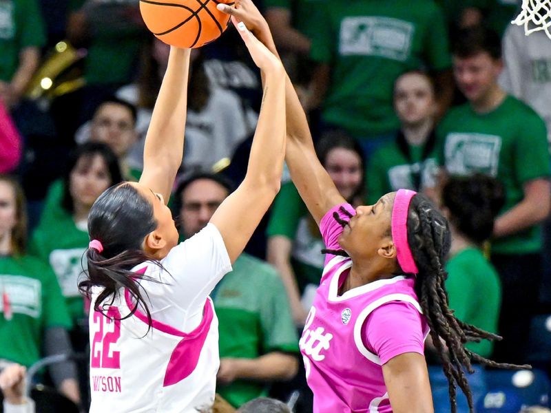 Feb 4, 2024; South Bend, Indiana, USA; Pittsburgh Panthers forward Liatu King (2) blocks the shot attempt by Notre Dame Fighting Irish forward Kylee Watson (22) in the first half at the Purcell Pavilion. Mandatory Credit: Matt Cashore-USA TODAY Sports