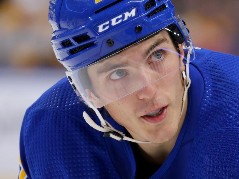 Dec 3, 2023; Buffalo, New York, USA;  Buffalo Sabres center Peyton Krebs (19) waits for the face-off during the second period \]an\ at KeyBank Center. Mandatory Credit: Timothy T. Ludwig-USA TODAY Sports