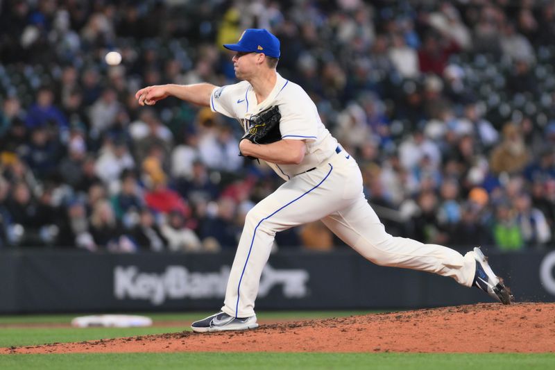 Apr 16, 2023; Seattle, Washington, USA; Seattle Mariners relief pitcher Justin Topa (48) pitches to the Colorado Rockies during the eighth inning at T-Mobile Park. Mandatory Credit: Steven Bisig-USA TODAY Sports