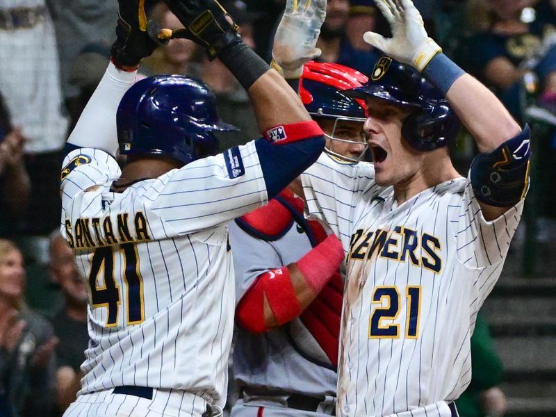 Sep 16, 2023; Milwaukee, Wisconsin, USA; Milwaukee Brewers left fielder Mark Canha (21) reacts after hitting a grand slam home run in the eighth inning against the Washington Nationals at American Family Field. Mandatory Credit: Benny Sieu-USA TODAY Sports