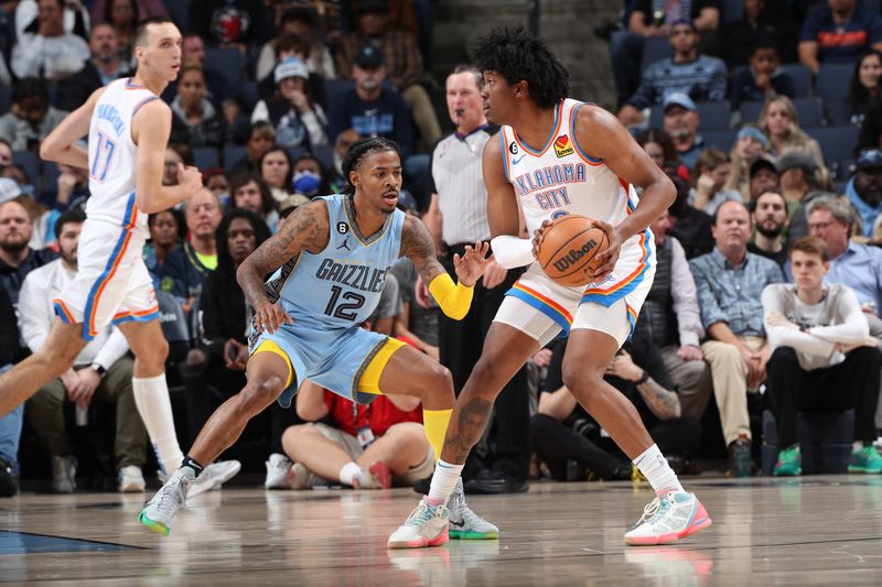 MEMPHIS, TN - DECEMBER 7: Ja Morant #12 of the Memphis Grizzlies plays defense during the game against the Oklahoma City Thunder on December 7, 2022 at FedExForum in Memphis, Tennessee. NOTE TO USER: User expressly acknowledges and agrees that, by downloading and or using this photograph, User is consenting to the terms and conditions of the Getty Images License Agreement. Mandatory Copyright Notice: Copyright 2022 NBAE (Photo by Joe Murphy/NBAE via Getty Images)