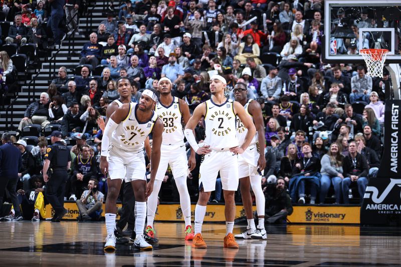 SALT LAKE CITY, UT - JANUARY 15: The Indiana Pacers stand on the court during the game against the Utah Jazz on January 15, 2024 at Delta Center in Salt Lake City, Utah. NOTE TO USER: User expressly acknowledges and agrees that, by downloading and or using this Photograph, User is consenting to the terms and conditions of the Getty Images License Agreement. Mandatory Copyright Notice: Copyright 2024 NBAE (Photo by Melissa Majchrzak/NBAE via Getty Images)