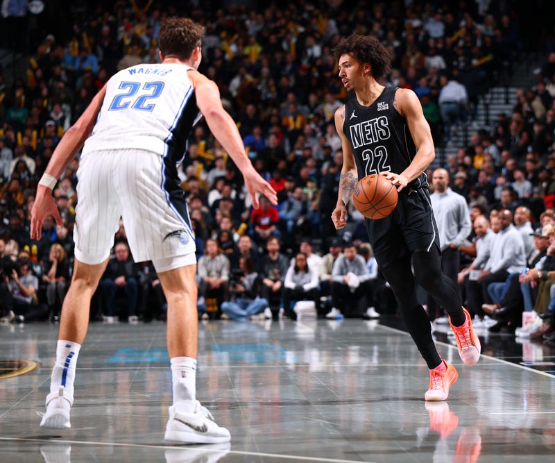 BROOKLYN, NY - NOVEMBER 29:  Jalen Wilson #22 of the Brooklyn Nets dribbles the ball during the game against the Orlando Magicduring a Emirates NBA Cup game on October 22, 2024 at Barclays Center in Brooklyn, New York. NOTE TO USER: User expressly acknowledges and agrees that, by downloading and or using this Photograph, user is consenting to the terms and conditions of the Getty Images License Agreement. Mandatory Copyright Notice: Copyright 2024 NBAE (Photo by David L. Nemec/NBAE via Getty Images)