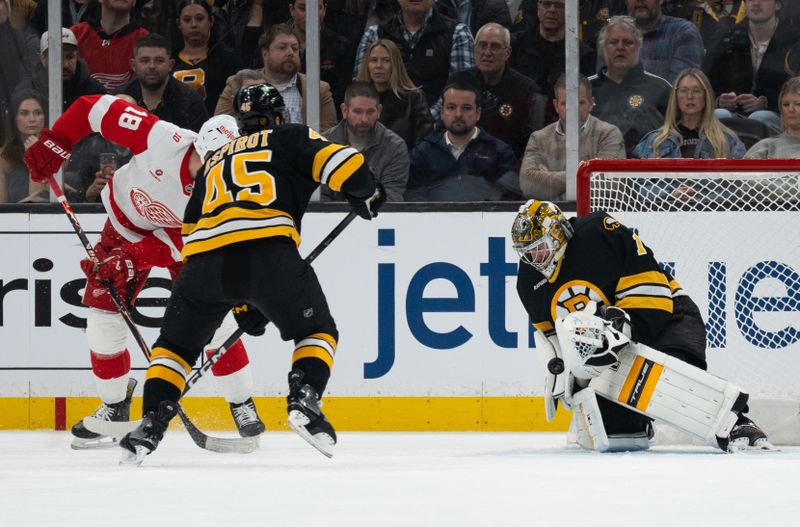 Jan 13, 2026; Boston, Massachusetts, USA; Boston Bruins goaltender Jeremy Swayman (1) makes a save during the first period against the Detroit Red Wings at TD Garden. Mandatory Credit: Natalie Reid-Imagn Images