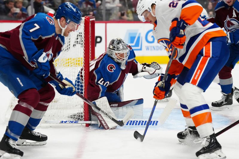 Jan 2, 2024; Denver, Colorado, USA; Colorado Avalanche goaltender Alexandar Georgiev (40) defends the net in the first period against the New York Islanders at Ball Arena. Mandatory Credit: Ron Chenoy-USA TODAY Sports