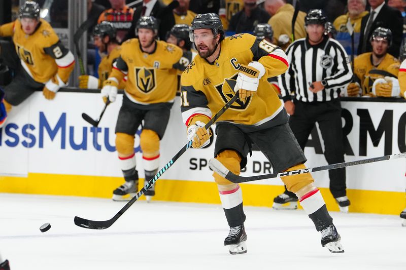 May 6, 2025; Las Vegas, Nevada, USA; Vegas Golden Knights right wing Mark Stone (61) skates against the Edmonton Oilers during the second period of game one of the second round of the 2025 Stanley Cup Playoffs at T-Mobile Arena. Mandatory Credit: Stephen R. Sylvanie-Imagn Images