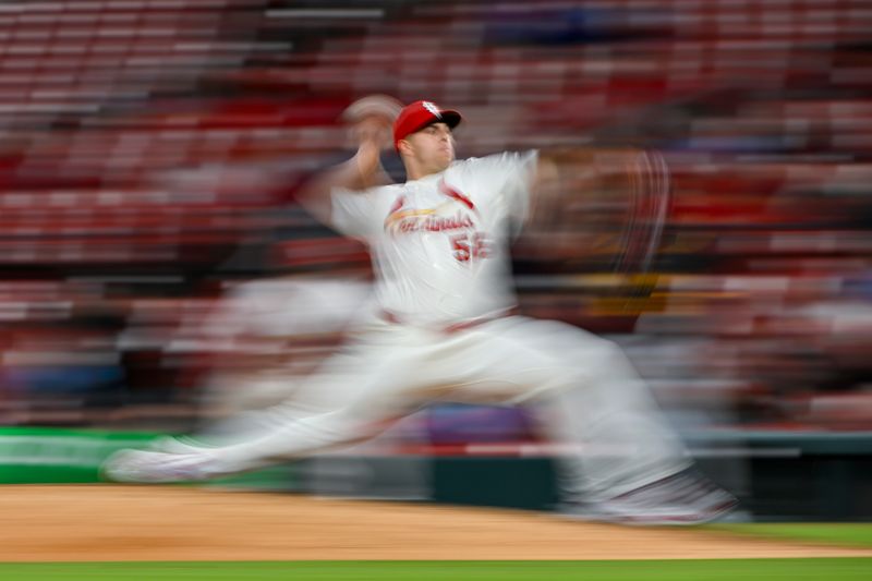 May 5, 2025; St. Louis, Missouri, USA;  St. Louis Cardinals relief pitcher Ryan Helsley (56) pitches against the Pittsburgh Pirates during the ninth inning at Busch Stadium. Mandatory Credit: Jeff Curry-Imagn Images