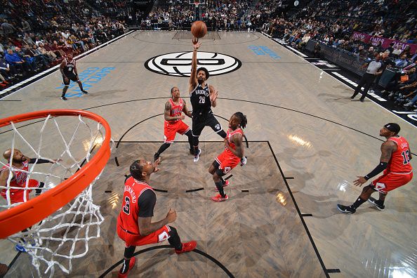 BROOKLYN, NY - NOVEMBER 26: Spencer Dinwiddie #26 of the Brooklyn Nets drives to the basket during the game against the Chicago Bulls on November 26, 2023 at Barclays Center in Brooklyn, New York. NOTE TO USER: User expressly acknowledges and agrees that, by downloading and or using this Photograph, user is consenting to the terms and conditions of the Getty Images License Agreement. Mandatory Copyright Notice: Copyright 2023 NBAE (Photo by Jesse D. Garrabrant/NBAE via Getty Images)