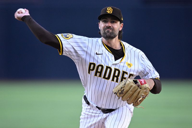 Jun 24, 2024; San Diego, California, USA; San Diego Padres starting pitcher Matt Waldron (61) pitches against the Washington Nationals during the first inning at Petco Park. Mandatory Credit: Orlando Ramirez-USA TODAY Sports