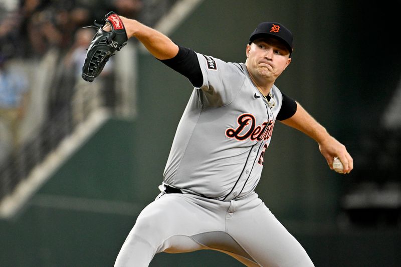 Jun 3, 2024; Arlington, Texas, USA; Detroit Tigers starting pitcher Tarik Skubal (29) pitches against the Texas Rangers during the first inning at Globe Life Field. Mandatory Credit: Jerome Miron-USA TODAY Sports