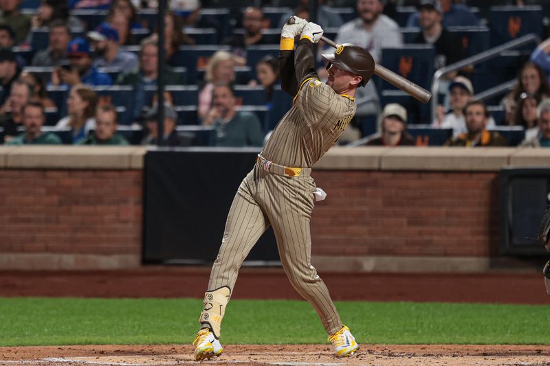 Sep 16, 2025; New York City, New York, USA; San Diego Padres center fielder Jackson Merrill (3) hits a solo home run during the second inning against the New York Mets at Citi Field. Mandatory Credit: Vincent Carchietta-Imagn Images