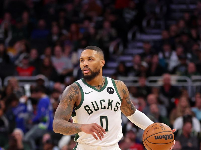 MILWAUKEE, WISCONSIN - NOVEMBER 13: Damian Lillard #0 of the Milwaukee Bucks handles the ball during a game against the Chicago Bulls at Fiserv Forum on November 13, 2023 in Milwaukee, Wisconsin. NOTE TO USER: User expressly acknowledges and agrees that, by downloading and or using this photograph, User is consenting to the terms and conditions of the Getty Images License Agreement. (Photo by Stacy Revere/Getty Images)