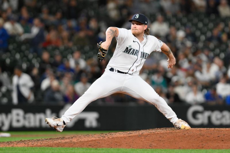 Sep 11, 2023; Seattle, Washington, USA; Seattle Mariners relief pitcher Gabe Speier (55) pitches to the Los Angeles Angels during the eleventh inning at T-Mobile Park. Mandatory Credit: Steven Bisig-USA TODAY Sports