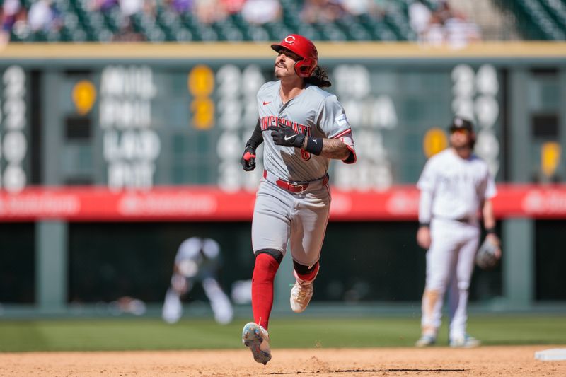 Jun 5, 2024; Denver, Colorado, USA; Cincinnati Reds second base Jonathan India (6) runs the bases after hitting a home run during the ninth inning against the Colorado Rockies at Coors Field. Mandatory Credit: Andrew Wevers-USA TODAY Sports