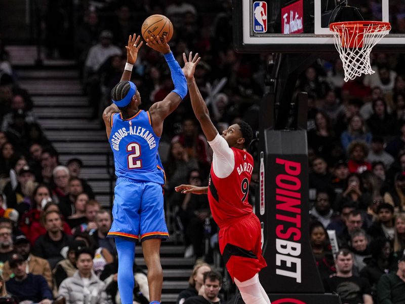 TORONTO, ON - DECEMBER 05: Shai Gilgeous-Alexander #2 of the Oklahoma City Thunder shoots the ball against RJ Barrett #9 of the Toronto Raptors at Scotiabank Arena on December 5, 2024 in Toronto, Ontario, Canada. NOTE TO USER: User expressly acknowledges and agrees that, by downloading and/or using this Photograph, user is consenting to the terms and conditions of the Getty Images License Agreement. (Photo by Andrew Lahodynskyj/Getty Images)