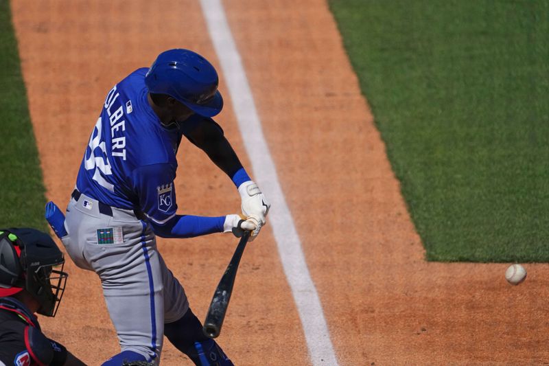 Mar 2, 2024; Goodyear, Arizona, USA; Kansas City Royals shortstop Tyler Tolbert (92) bats against the Cleveland Guardians during the second inning at Goodyear Ballpark. Mandatory Credit: Joe Camporeale-USA TODAY Sports