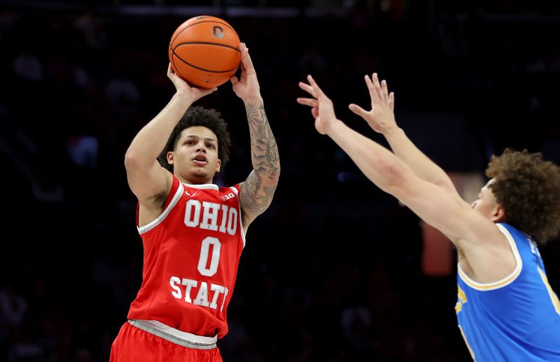 Jan 17, 2026; Columbus, Ohio, USA;  Ohio State Buckeyes guard John Mobley Jr. (0) shoots the ball during the second half against the UCLA Bruins at Value City Arena. Mandatory Credit: Joseph Maiorana-Imagn Images