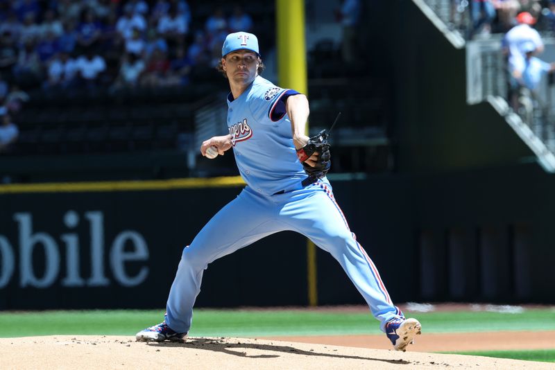 May 4, 2025; Arlington, Texas, USA;  Texas Rangers starting pitcher Jacob deGrom (48) throws during the first inning against the Seattle Mariners at Globe Life Field. Mandatory Credit: Kevin Jairaj-Imagn Images