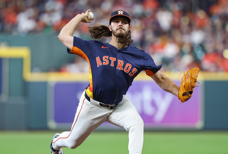 Sep 22, 2024; Houston, Texas, USA; Houston Astros starting pitcher Spencer Arrighetti (41) delivers a pitch during the second inning against the Los Angeles Angels at Minute Maid Park. Mandatory Credit: Troy Taormina-Imagn Images