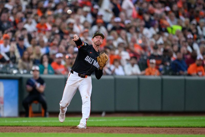 May 17, 2024; Baltimore, Maryland, USA; Baltimore Orioles third base Jordan Westburg (11) throws to first base during the second inning against the Seattle Mariners at Oriole Park at Camden Yards. Mandatory Credit: Reggie Hildred-USA TODAY Sports