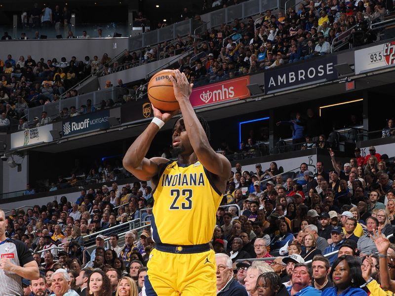 INDIANAPOLIS, IN - MARCH 29: Aaron Nesmith #23 of the Indiana Pacers shoots the ball during the game against the Los Angeles Lakers on March 29, 2024 at Gainbridge Fieldhouse in Indianapolis, Indiana. NOTE TO USER: User expressly acknowledges and agrees that, by downloading and or using this Photograph, user is consenting to the terms and conditions of the Getty Images License Agreement. Mandatory Copyright Notice: Copyright 2024 NBAE (Photo by Ron Hoskins/NBAE via Getty Images)