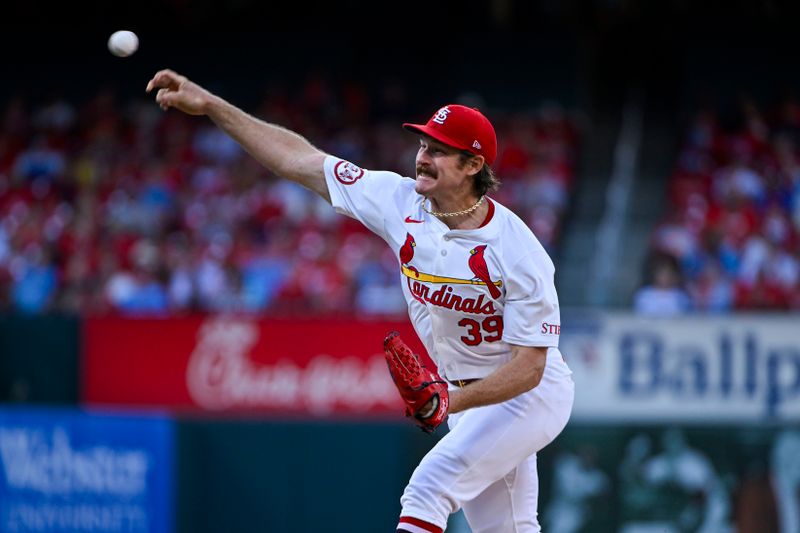 Jun 11, 2024; St. Louis, Missouri, USA;  St. Louis Cardinals starting pitcher Miles Mikolas (39) pitches against the Pittsburgh Pirates during the second inning at Busch Stadium. Mandatory Credit: Jeff Curry-USA TODAY Sports