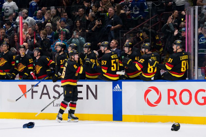 Dec 12, 2023; Vancouver, British Columbia, CAN; Vancouver Canucks forward Brock Boeser (6) celebrates his third goal of the game with the Canucks bench in the third period at Rogers Arena. Vancouver won 4-1. Mandatory Credit: Bob Frid-USA TODAY Sports