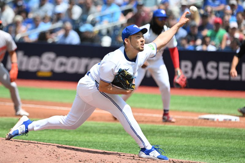 Jun 6, 2024; Toronto, Ontario, CAN;   Toronto Blue Jays starting pitcher Yusei Kikuchi (16) delivers a pitch against the Baltimore Orioles in the second inning at Rogers Centre. Mandatory Credit: Dan Hamilton-USA TODAY Sports