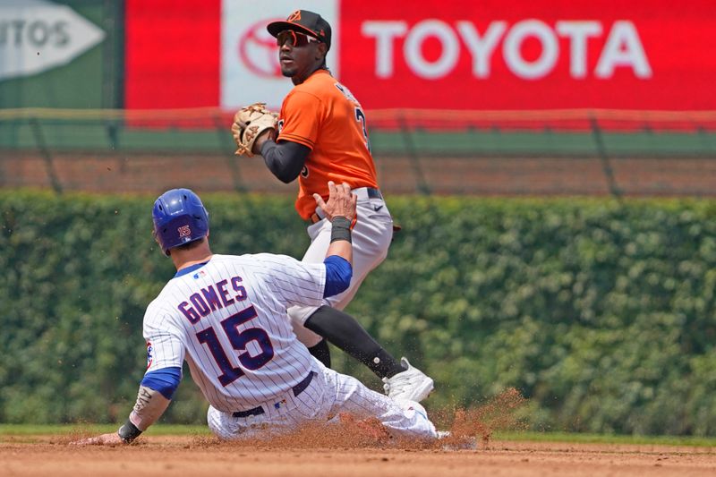 Jun 17, 2023; Chicago, Illinois, USA; Baltimore Orioles shortstop Jorge Mateo (3) forces out Chicago Cubs catcher Yan Gomes (15) during the third inning at Wrigley Field. Mandatory Credit: David Banks-USA TODAY Sports