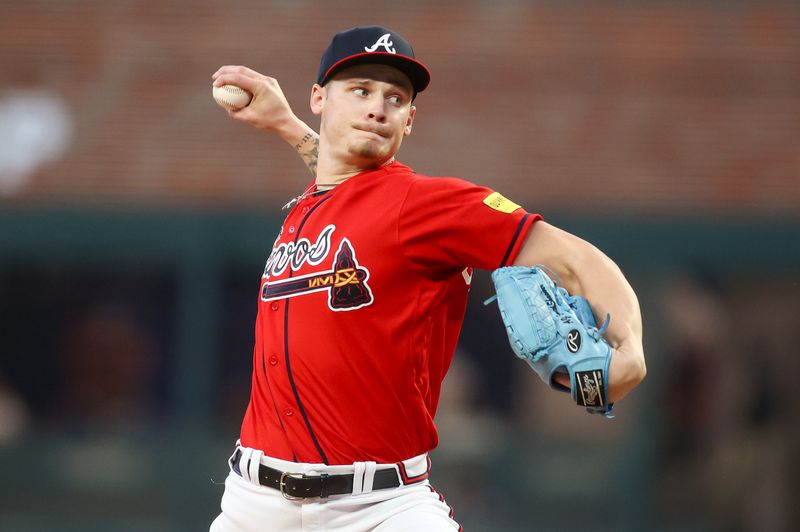 Sep 28, 2023; Atlanta, Georgia, USA; Atlanta Braves starting pitcher AJ Smith-Shawver (62) throws against the Chicago Cubs in the first inning at Truist Park. Mandatory Credit: Brett Davis-USA TODAY Sports
