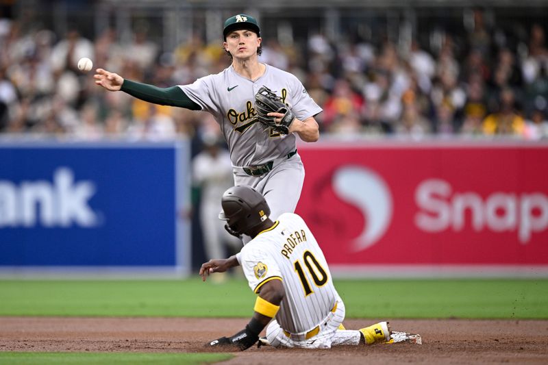 Jun 11, 2024; San Diego, California, USA; Oakland Athletics second baseman Zack Gelof (20) throws to first base after forcing out San Diego Padres left fielder Jurickson Profar (10) at second base to complete a double play during the first inning at Petco Park. Mandatory Credit: Orlando Ramirez-USA TODAY Sports