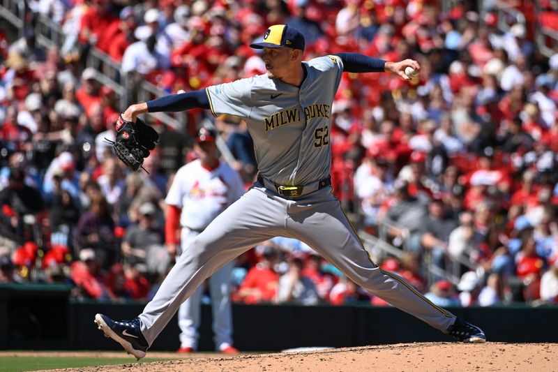 Apr 21, 2024; St. Louis, Missouri, USA; Milwaukee Brewers relief pitcher Bryan Hudson (52) pitches against the St. Louis Cardinals in the sixth inning at Busch Stadium. Mandatory Credit: Joe Puetz-USA TODAY Sports