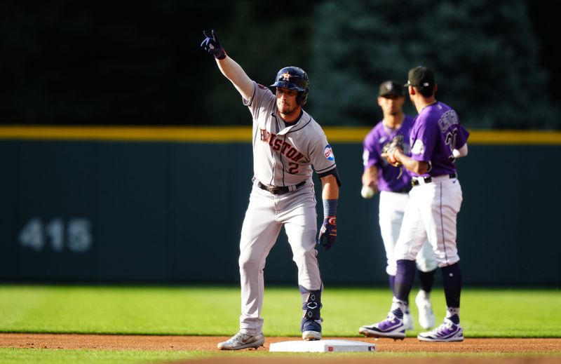 Jul 18, 2023; Denver, Colorado, USA; Houston Astros third baseman Alex Bregman (2) celebrates his double RBI in the first inning against the Colorado Rockies at Coors Field. Mandatory Credit: Ron Chenoy-USA TODAY Sports