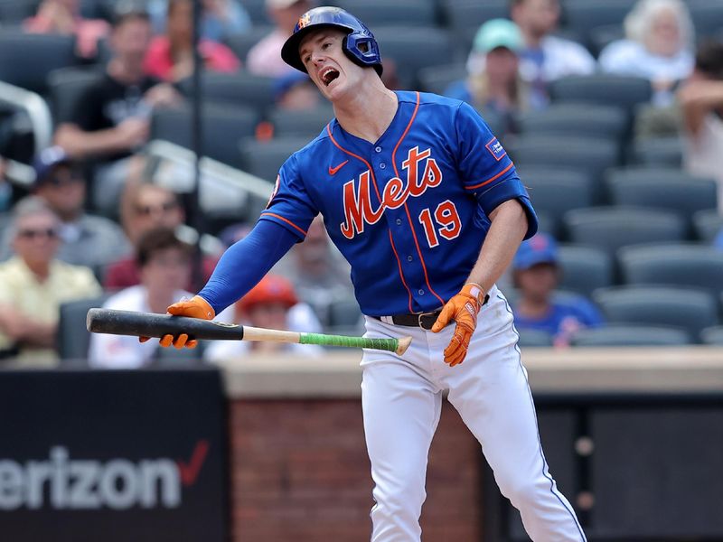 Jul 20, 2023; New York City, New York, USA; New York Mets right fielder Mark Canha (19) reacts after striking out during the fifth inning against the Chicago White Sox at Citi Field. Mandatory Credit: Brad Penner-USA TODAY Sports