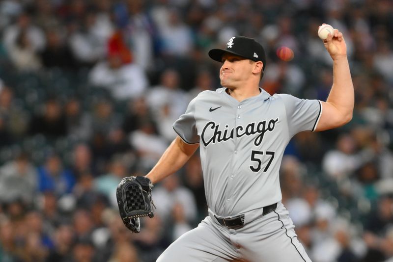 Jun 13, 2024; Seattle, Washington, USA; Chicago White Sox relief pitcher Tanner Banks (57) pitches to the Seattle Mariners during the tenth inning at T-Mobile Park. Mandatory Credit: Steven Bisig-USA TODAY Sports