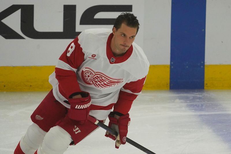 Nov 6, 2024; Chicago, Illinois, USA; Detroit Red Wings defenseman Ben Chiarot (8) warms up before a game against the Chicago Blackhawks at United Center. Mandatory Credit: David Banks-Imagn Images